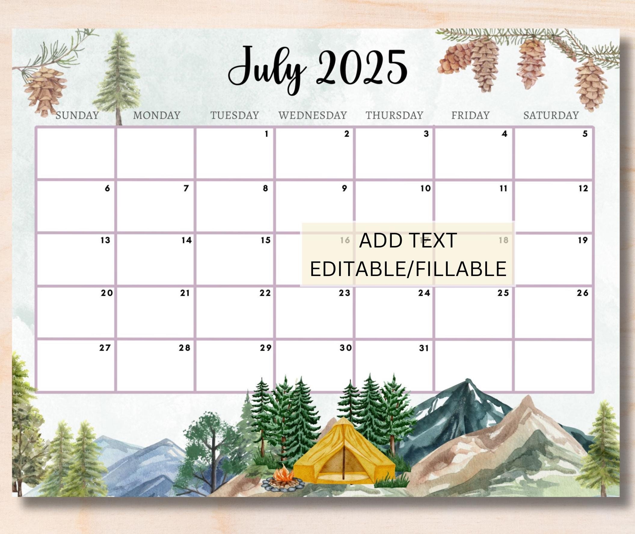 EDITABLE July 2025 Calendar Printable Fillable Monthly Planner 