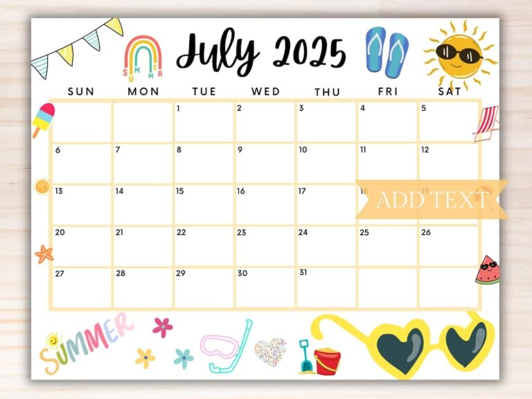 EDITABLE July 2025 Summer Calendar Printable July Calendar School Calendar Monthly Calendar July Planner Fillable Calendar For Summer Etsy