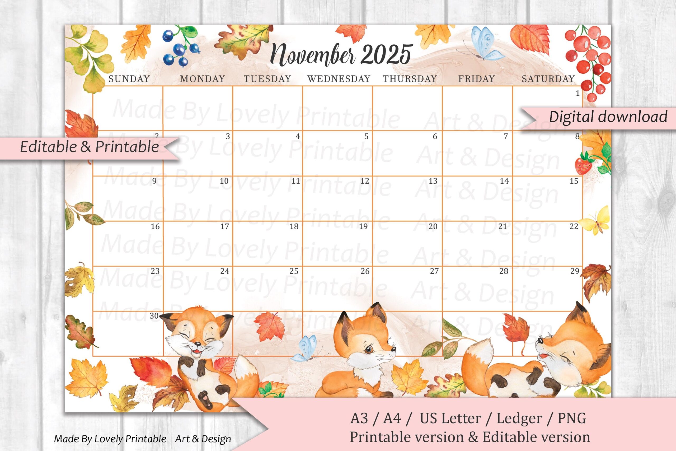 EDITABLE November 2025 Calendar Cute Watercolor Fox Forest 