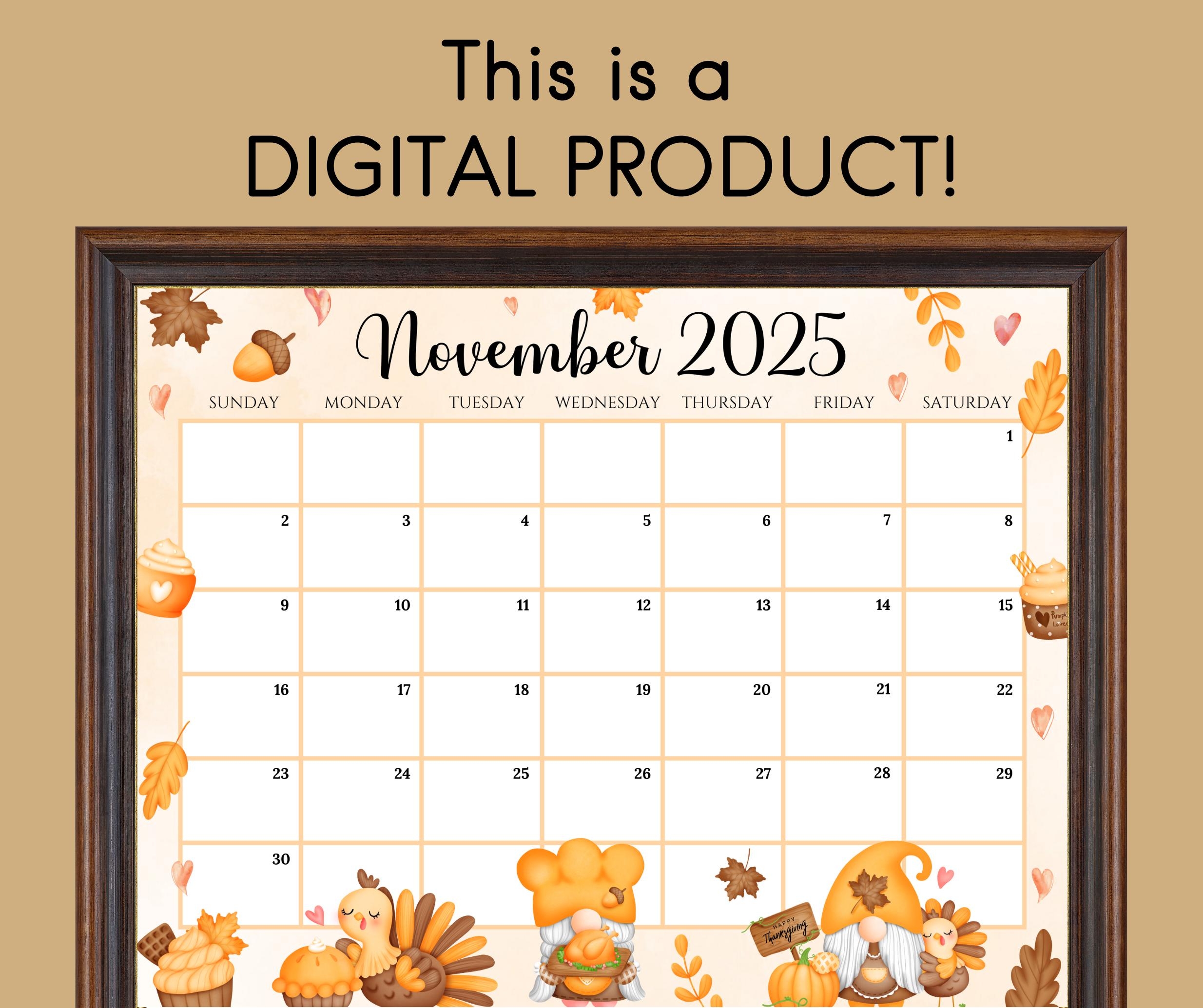 EDITABLE November 2025 Calendar Happy Thanksgiving With Cute Gnomes U0026 Turkey Printable Monthly Schedule For Kids School Home Office Work Etsy Hong Kong