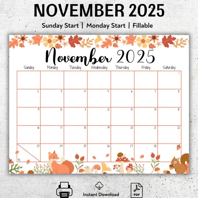 EDITABLE November 2025 Calendar Monthly Schedule For Kids Homeschool Calendar Fall Colors Cute Animals Printable Planner Fillable PDF Etsy