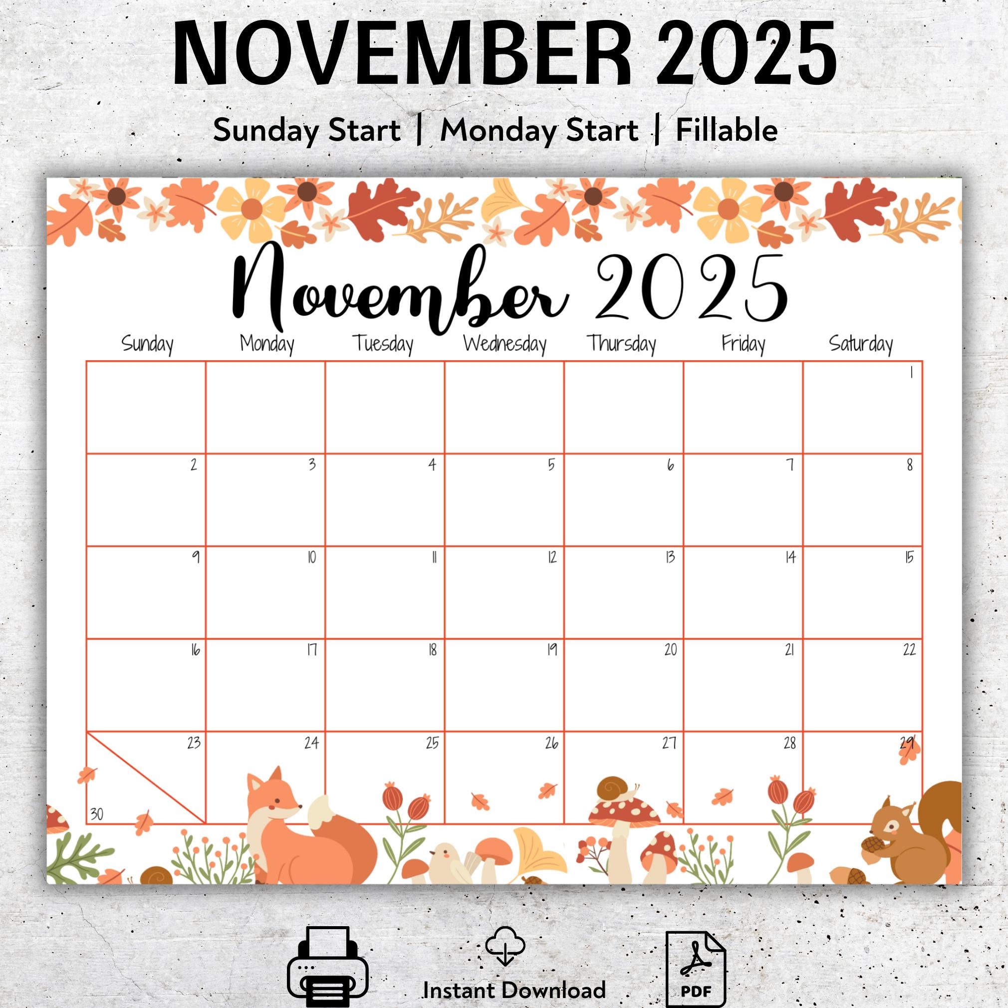EDITABLE November 2025 Calendar Monthly Schedule For Kids Homeschool Calendar Fall Colors Cute Animals Printable Planner Fillable PDF Etsy