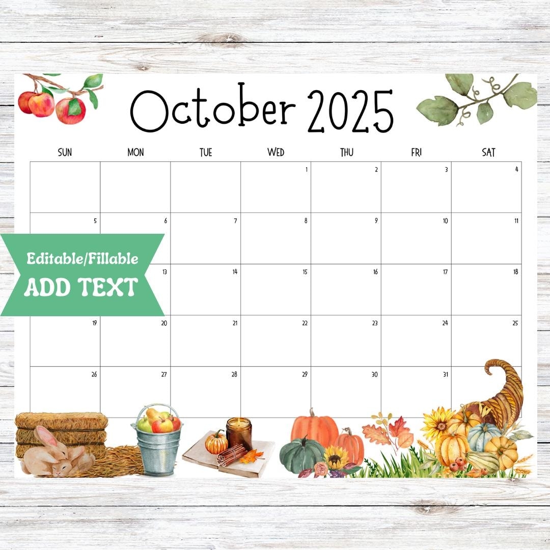 Editable October 2025 Calendar Fillable Printable Halloween 