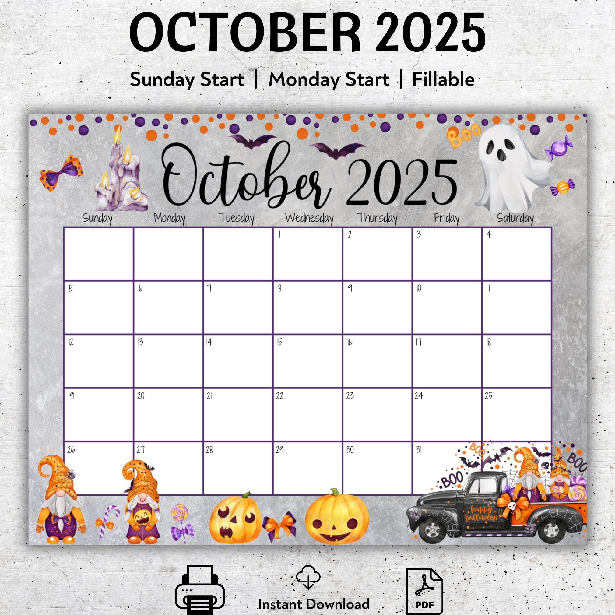 EDITABLE October 2025 Calendar Happy Halloween Pretty Ghost 