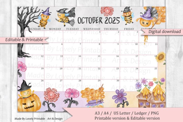 EDITABLE October 2025 Calendar Happy Halloween With Cute Bees