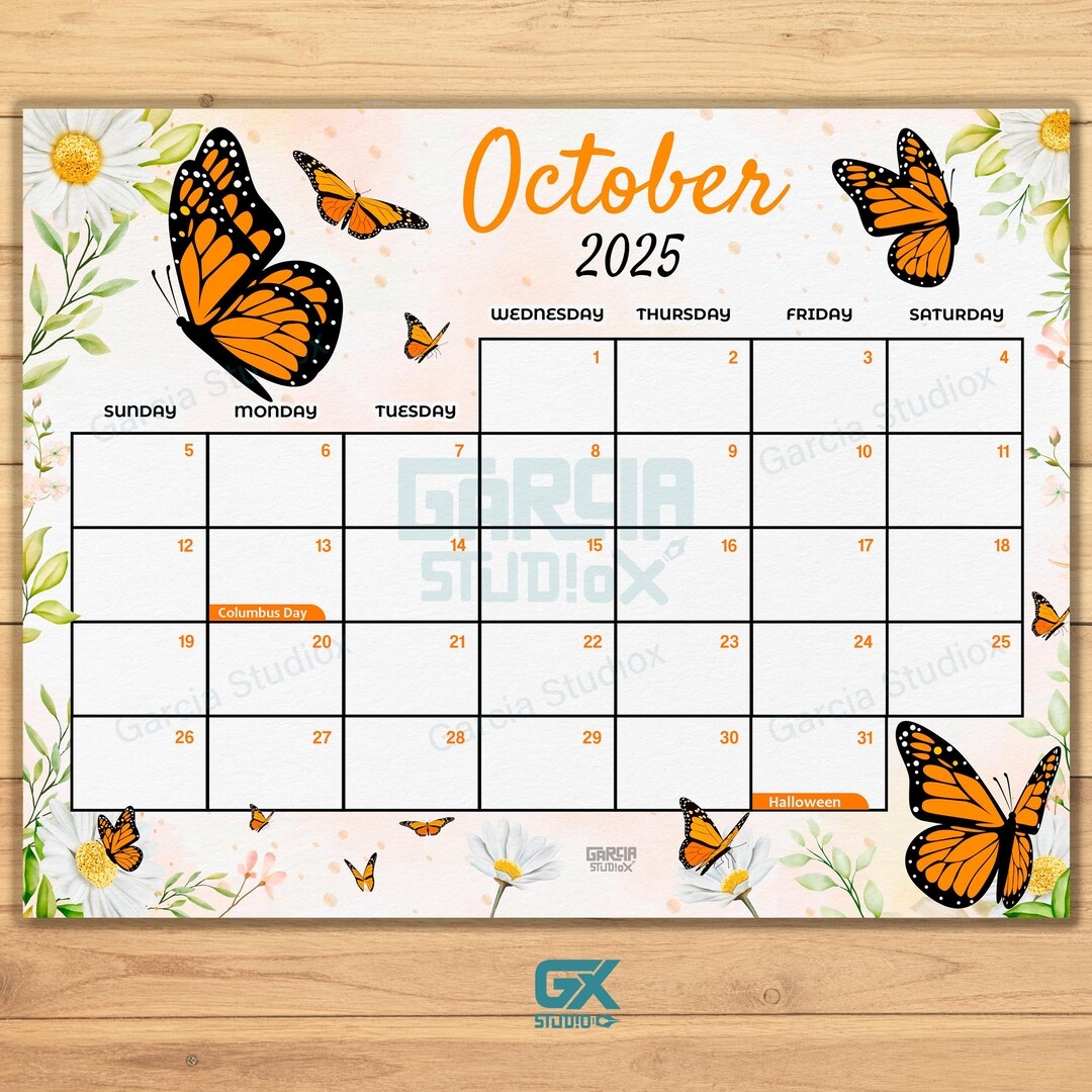 Editable October 2025 Calendar Orange Butterfly U0026 Floral Design Printable Monthly Planner Digital Download PDF Refillable Planner 2025 Etsy
