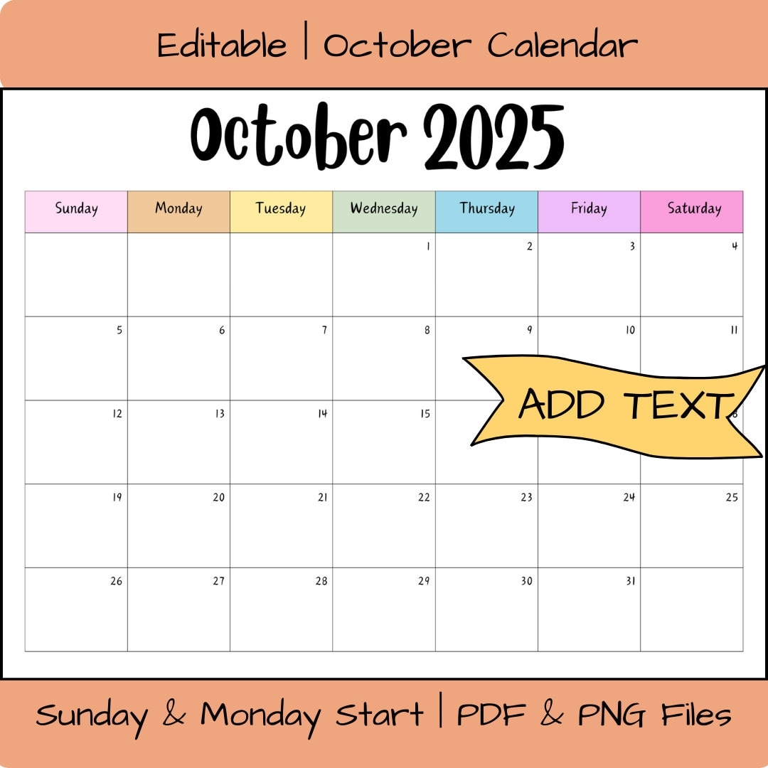 Editable October 2025 Calendar Printable Digital Download Wall Calendar Planner Fall Calendar Rainbow School Planner Etsy
