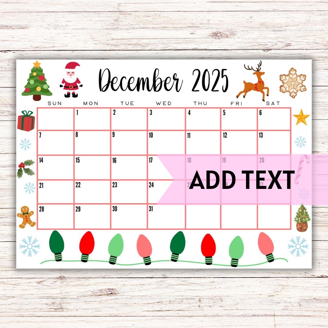 EDITABLE Printable December Calendar 2025 Christmas Calendar W Santa Claus And Snowflakes December 2025 Calendar Fillable Calendar Etsy