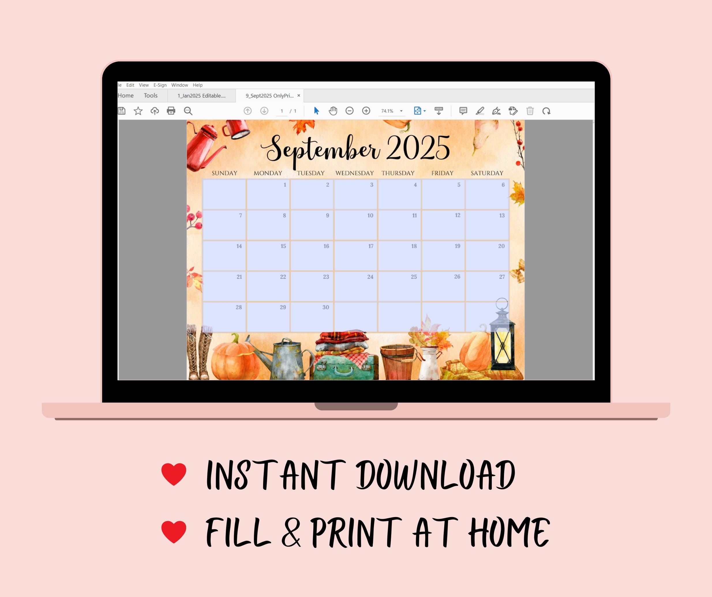 EDITABLE September 2025 Calendar Beautiful U0026 Cozy Fall Autumn 