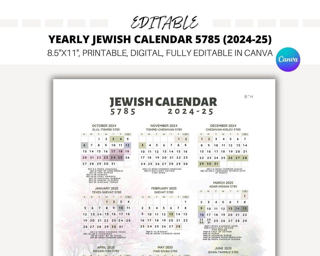 EDITABLE Yearly Jewish Calendar Jewish Calendar 5785 Hebrew Calendar 2024 2025 Hebrew Calendar 5785 Jewish Holidays Canva Template Etsy Australia