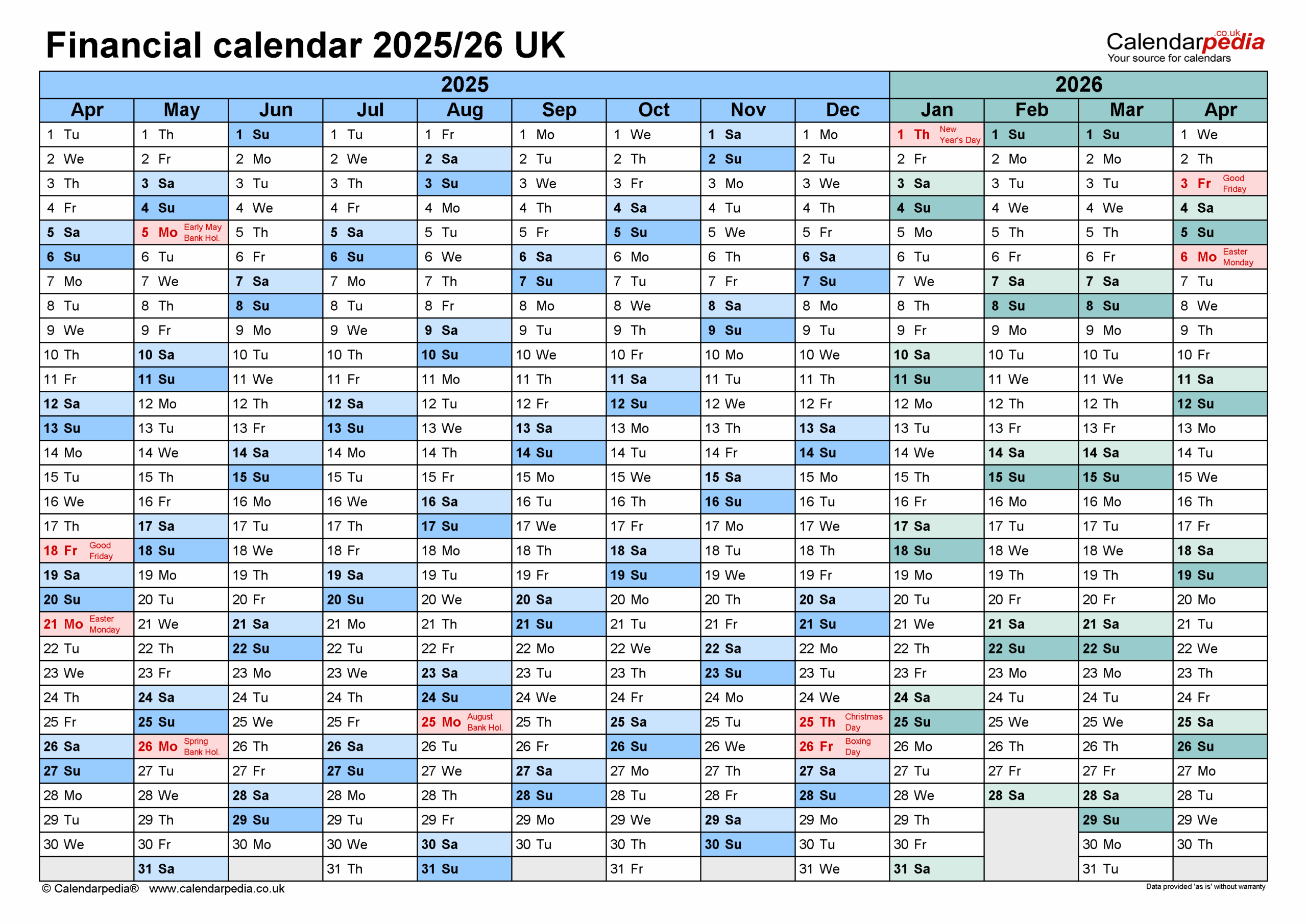 Financial Calendars 2025 26 UK In PDF Format