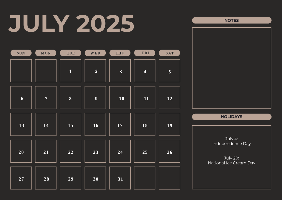 Free Black July 2025 Calendar Template To Edit Online