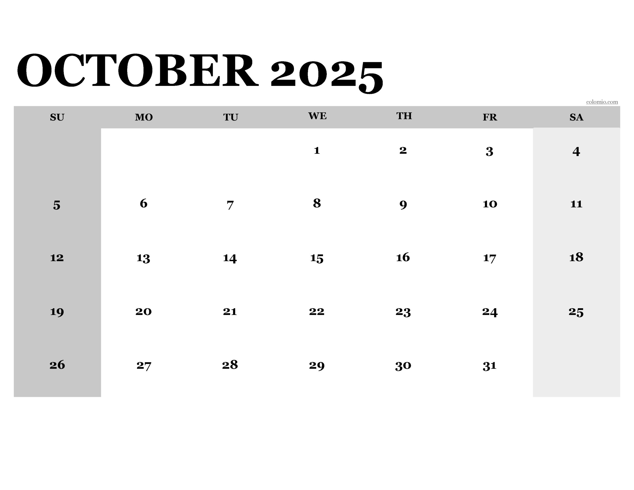 October 2025 Calendar Excel