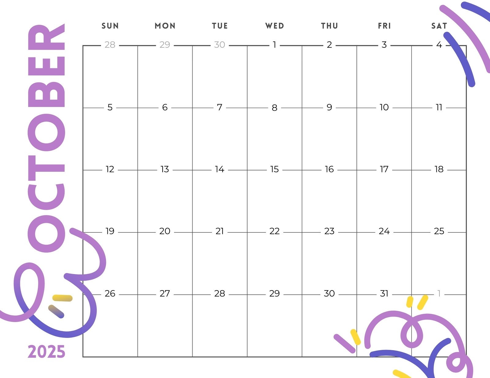 Blank October 2025 Calendar Printable