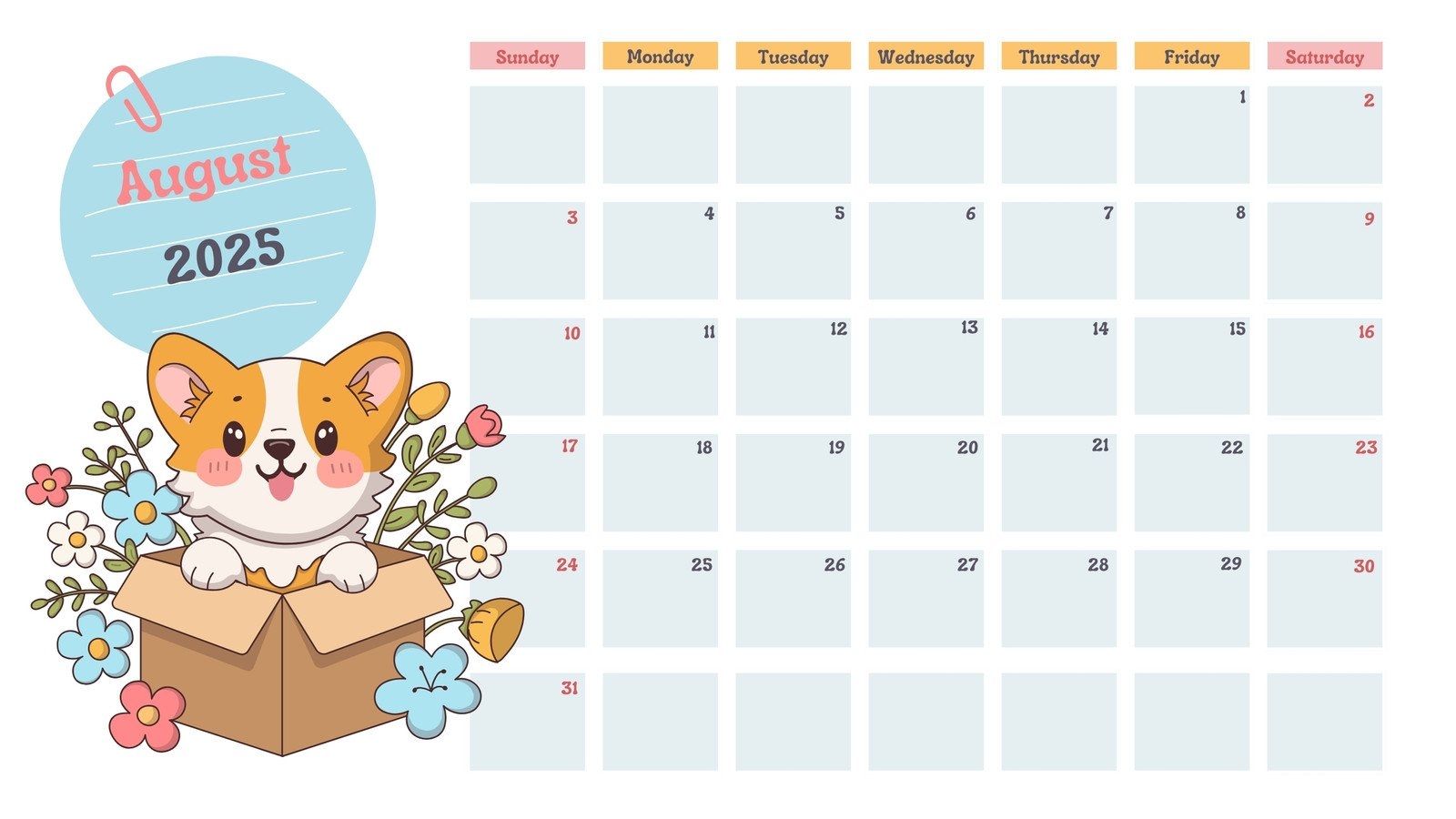 August 2025 Calendar Cute