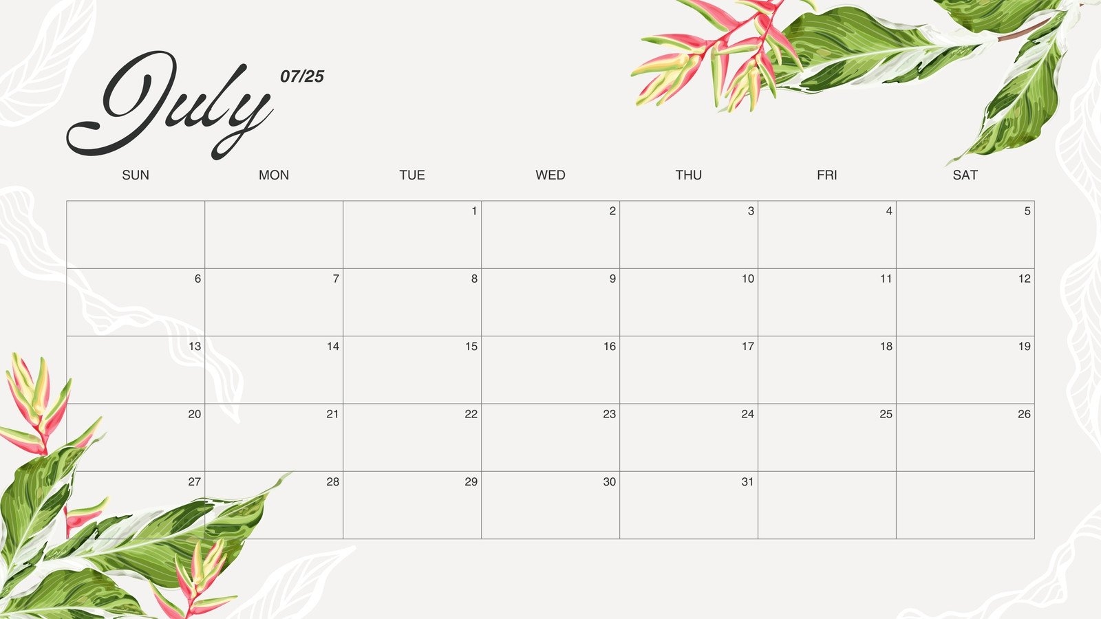 Free Printable Custom July 2025 Calendar Templates Canva