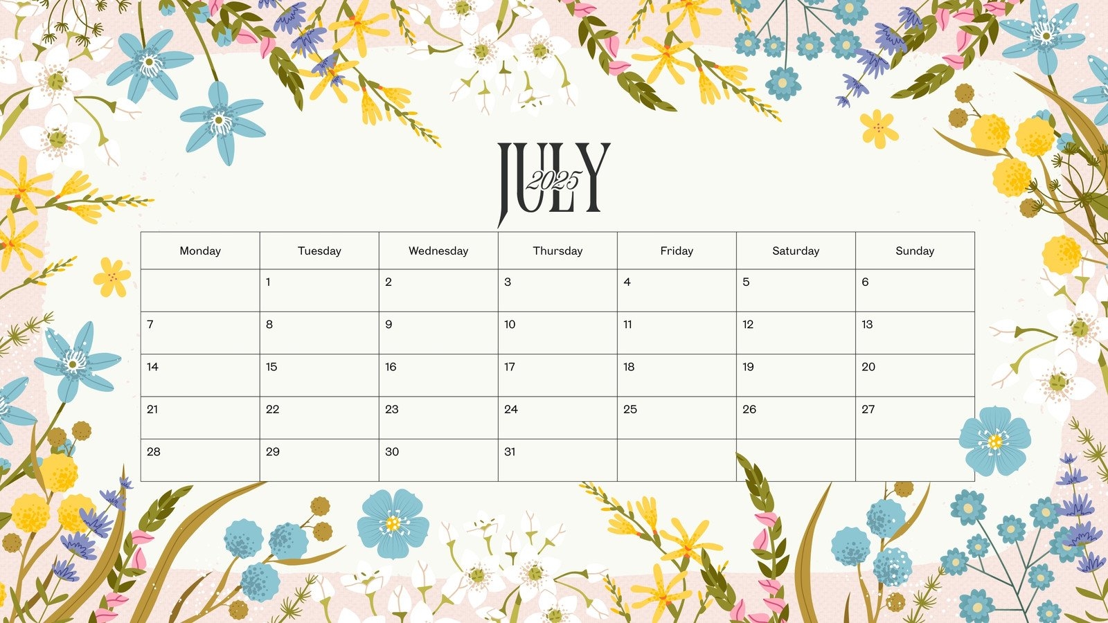 Free Printable Custom July 2025 Calendar Templates Canva