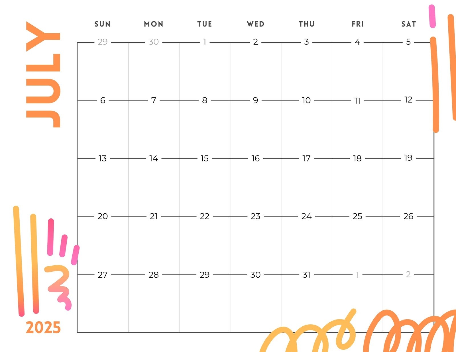 July 2025 Blank Calender
