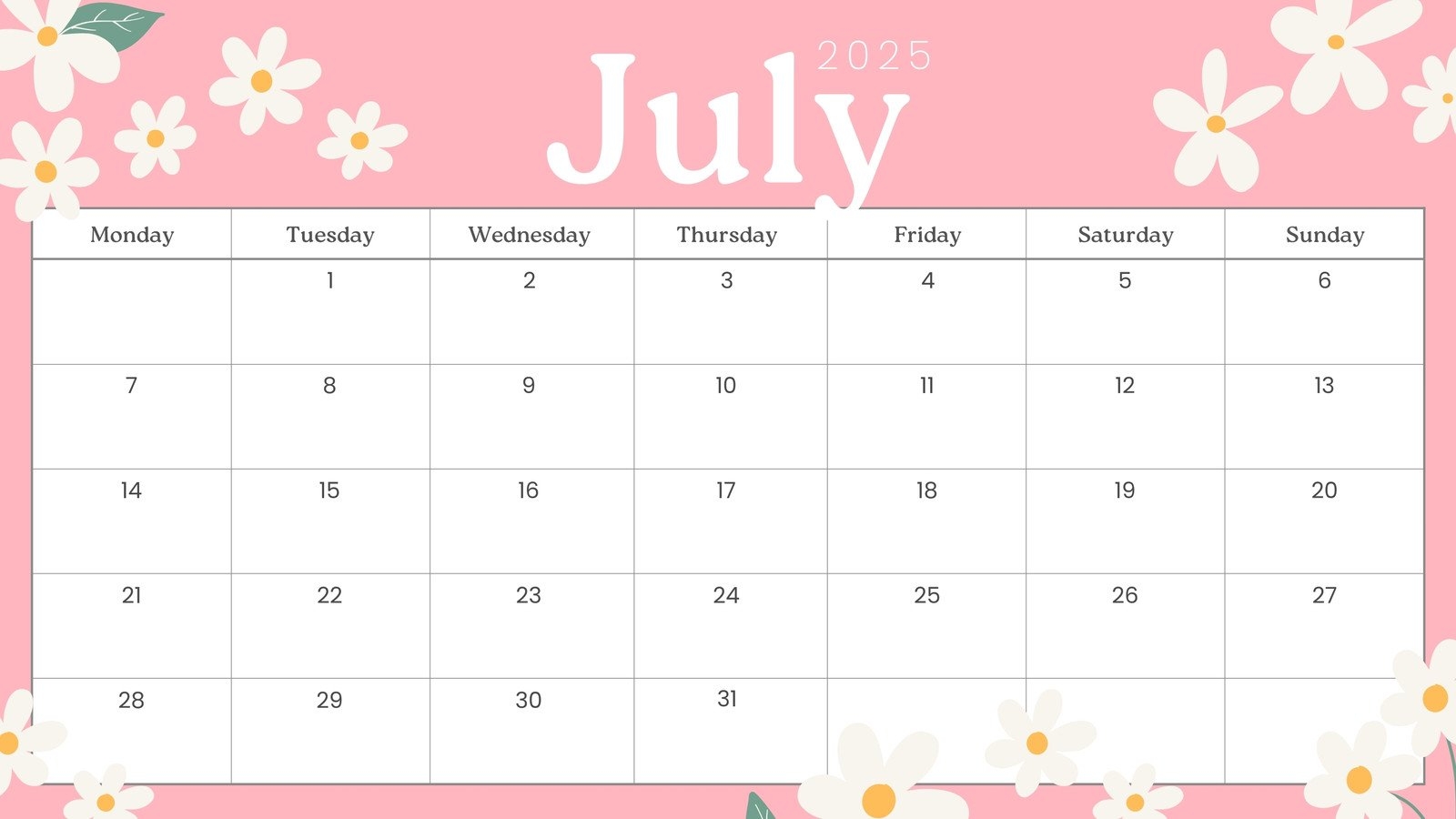 Free Printable July 2025 Calendar Pdf