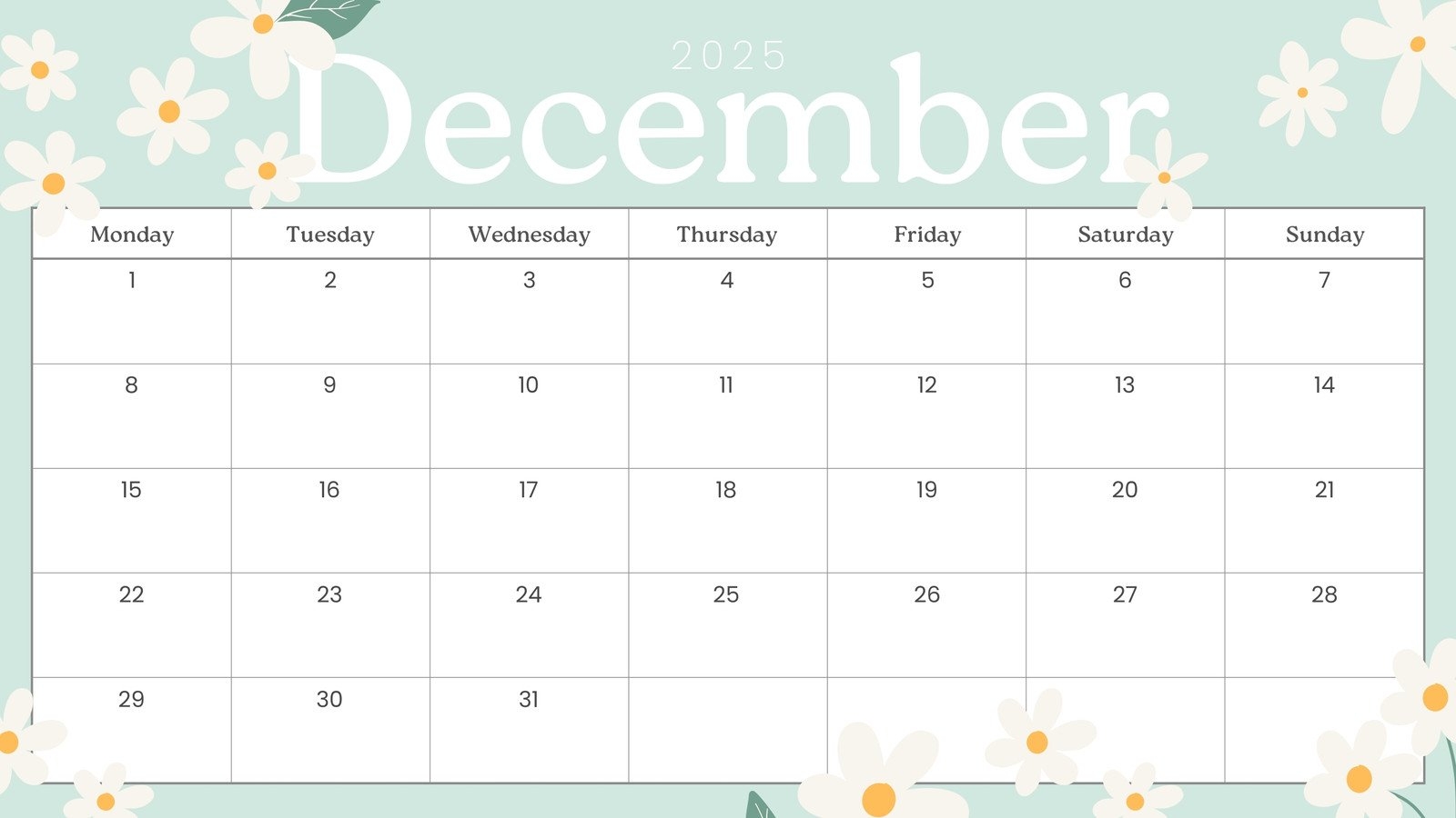 Calendar Month December 2025