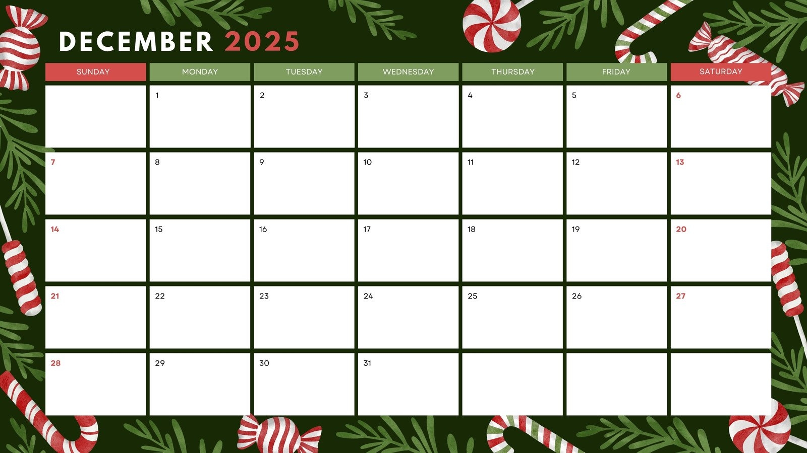 Calendar Editable December 2025
