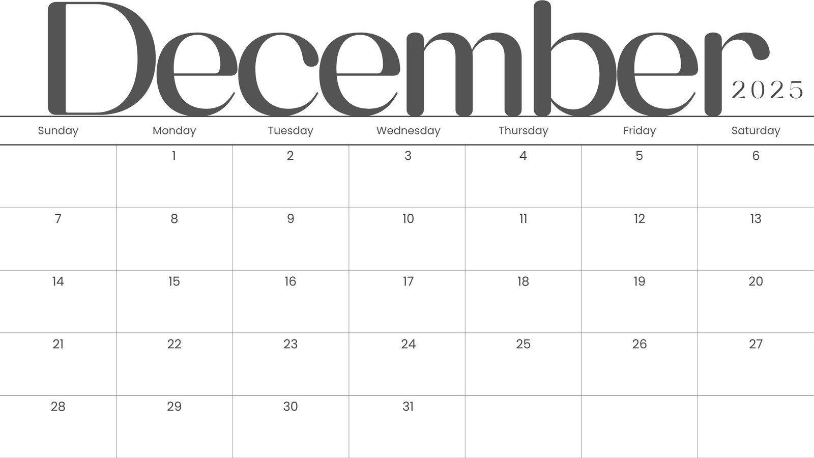 Calendar December 2025 Template