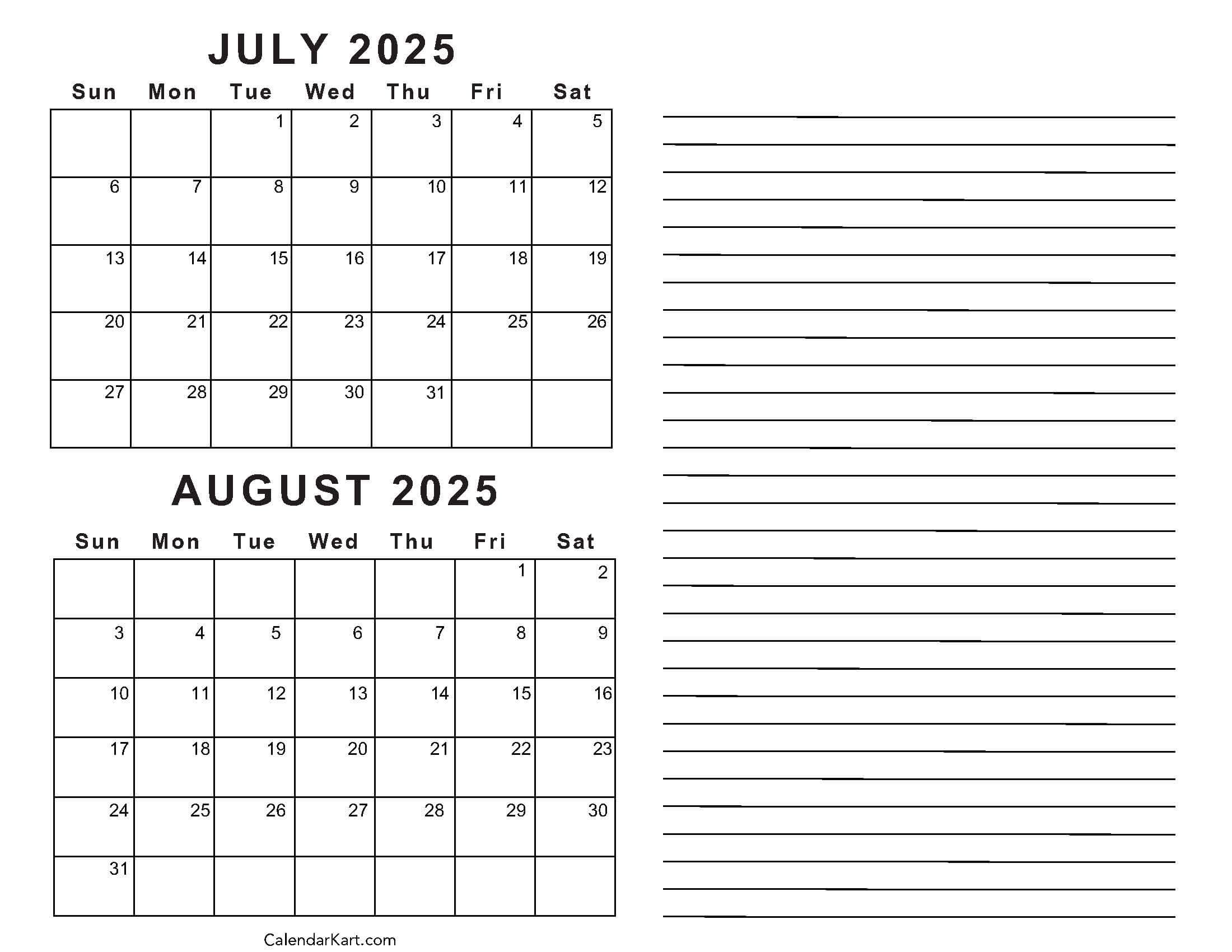 Print Blank Calendar July 2025