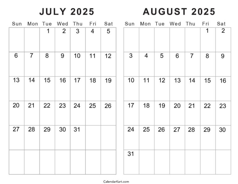 Free Printable July August 2025 Calendar Calendarkart