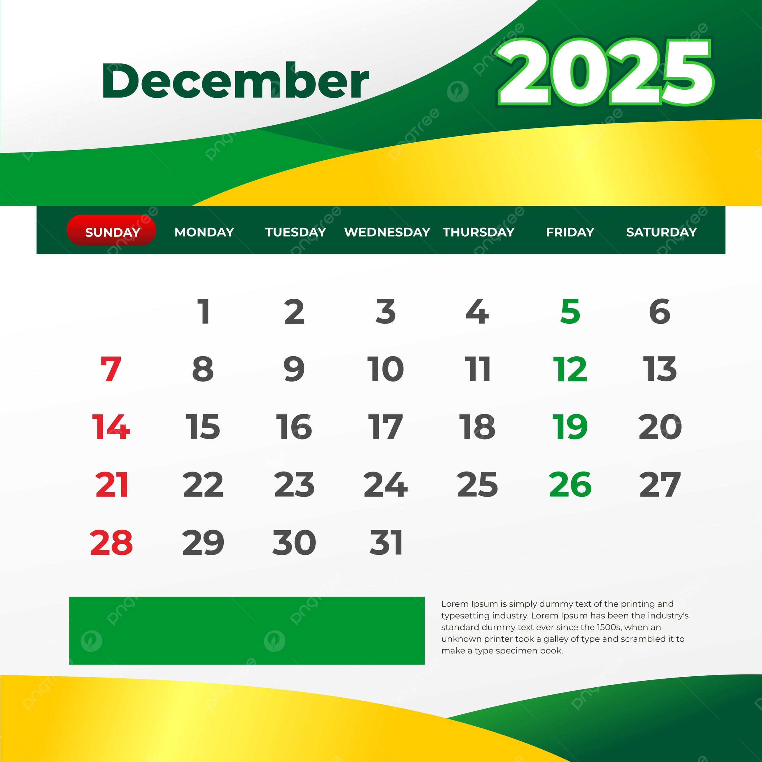 Green Calendar December 2025 Vector Template Download On Pngtree
