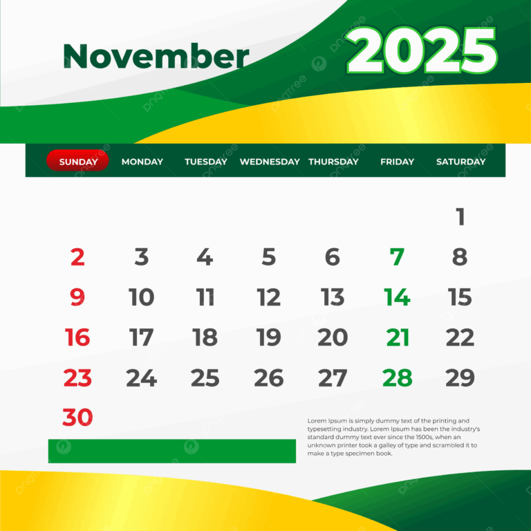 Green Calendar November 2025 Vector Template Download On Pngtree