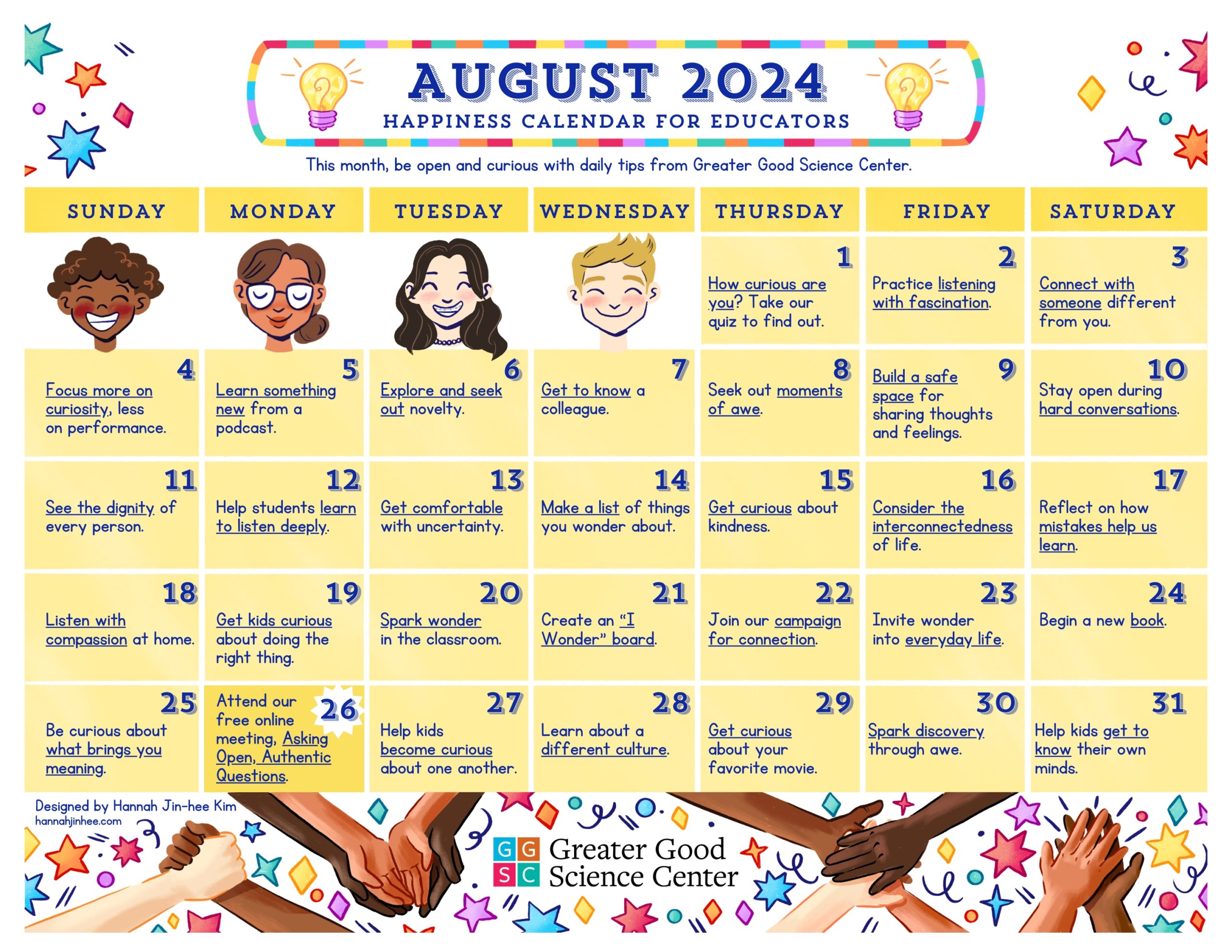 Happiness Calendar For Educators For August 2024
