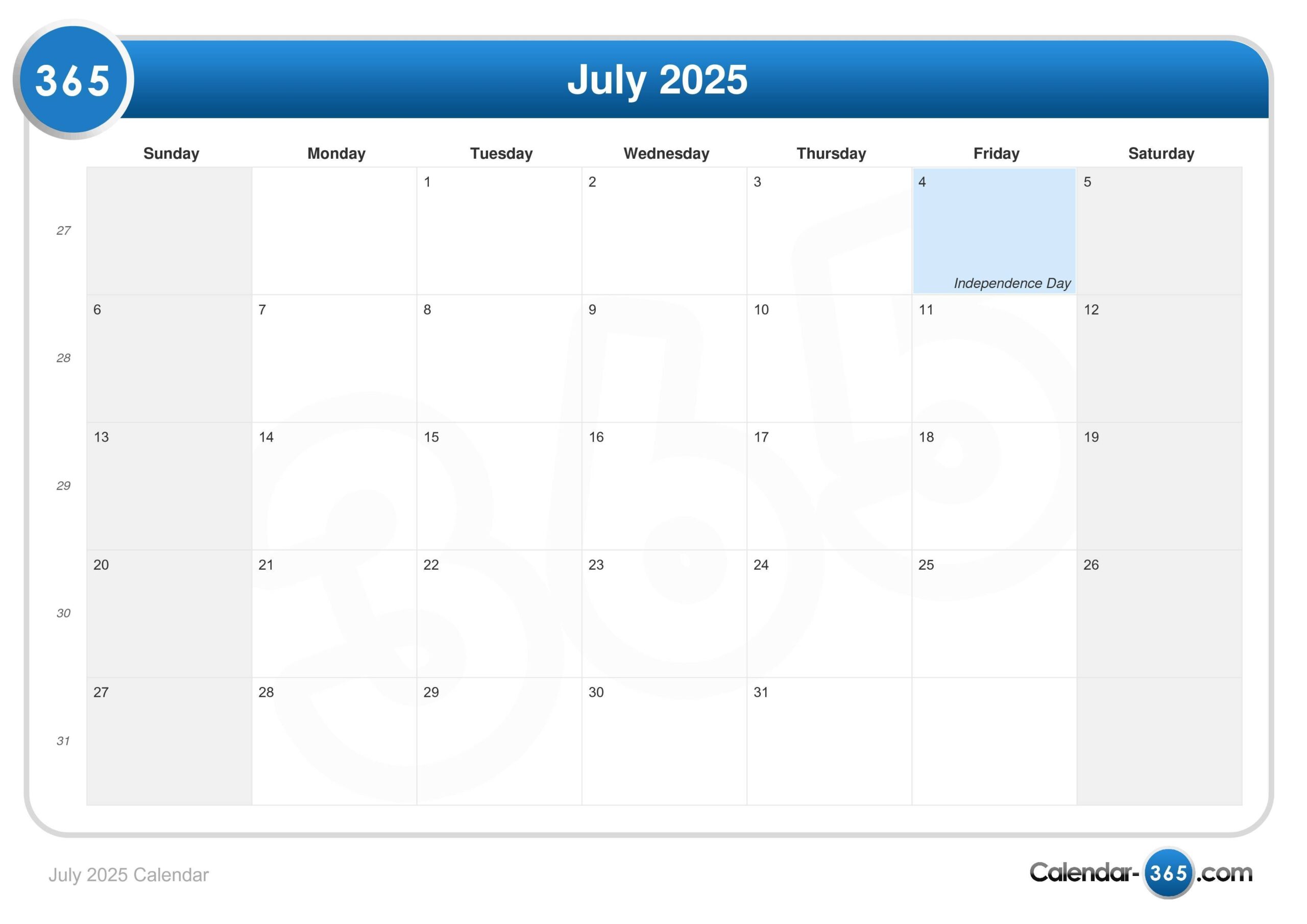 28 July 2025 Calendar