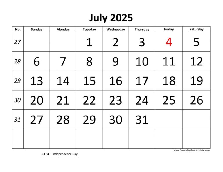 July 2025 Calendar Designed With Large Font horizontal Free