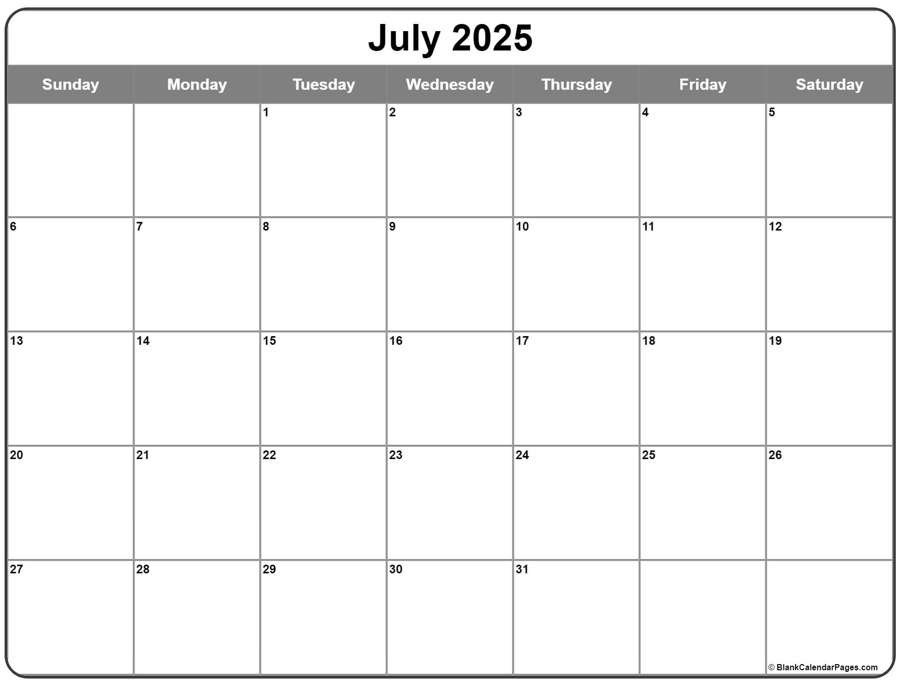 July 2025 Calendar Landscape
