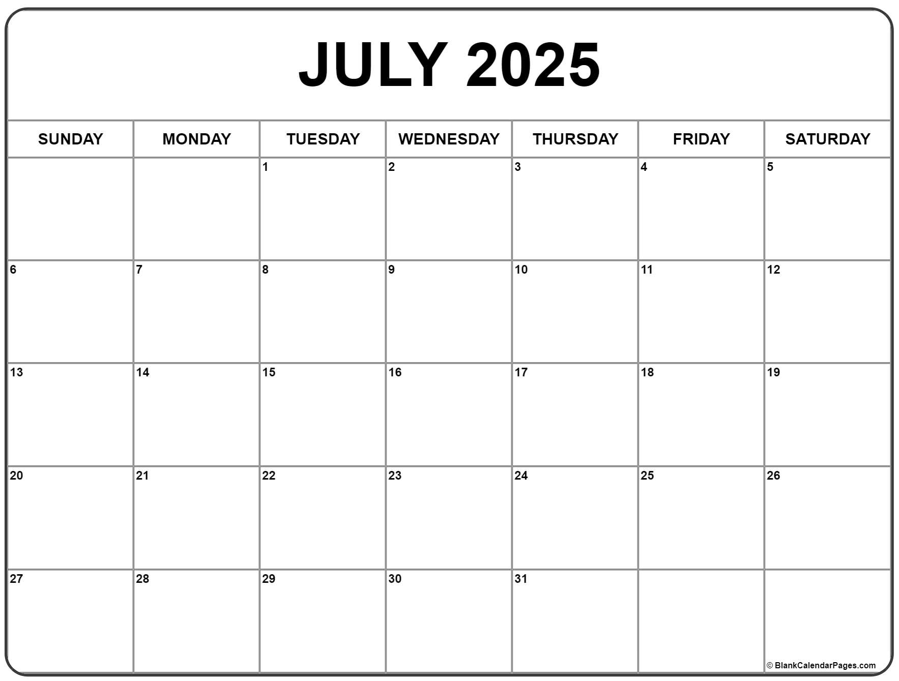 Free Calendar For July 2025