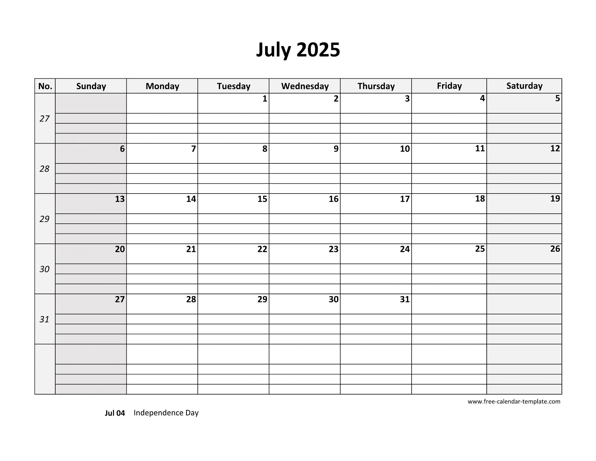 July 2025 Calendar Free Printable With Grid Lines Designed horizontal Free calendar template