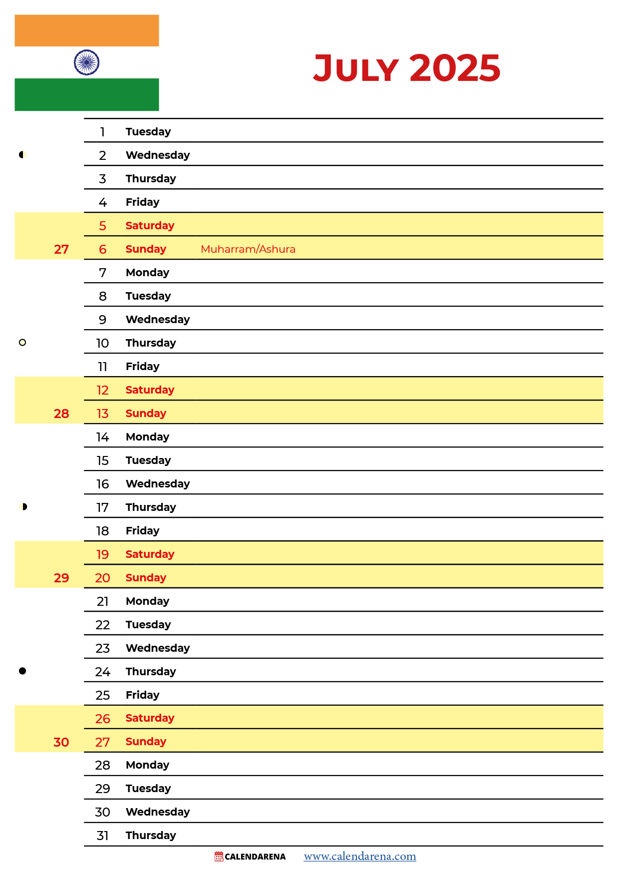 July 2025 Calendar India With Holidays