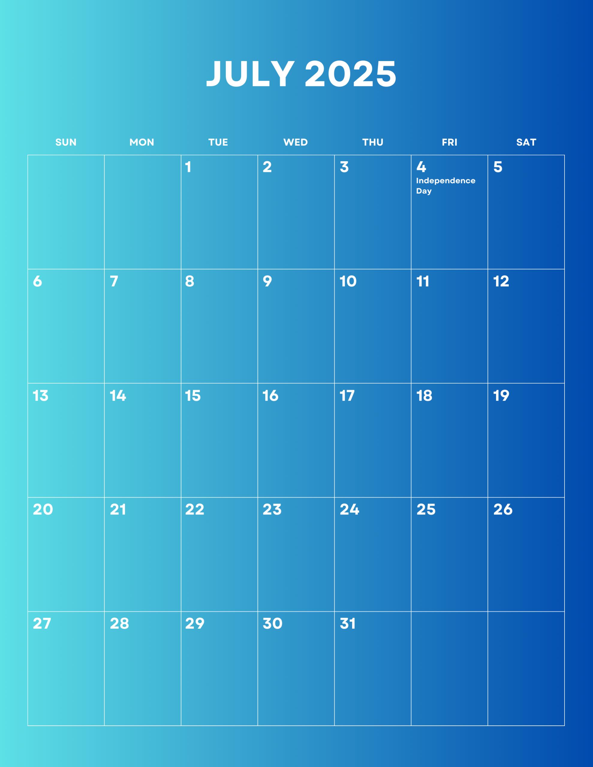July 2025 Calendar My Calendar Land