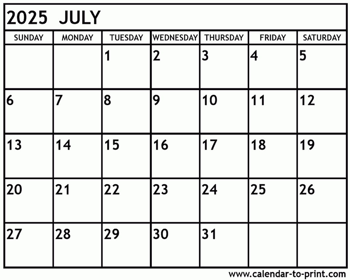 Show Calendar For July 2025