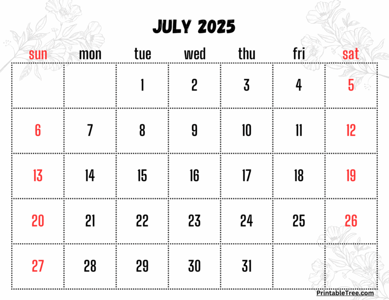 July 2025 Calendar Printable PDF Template With Holidays