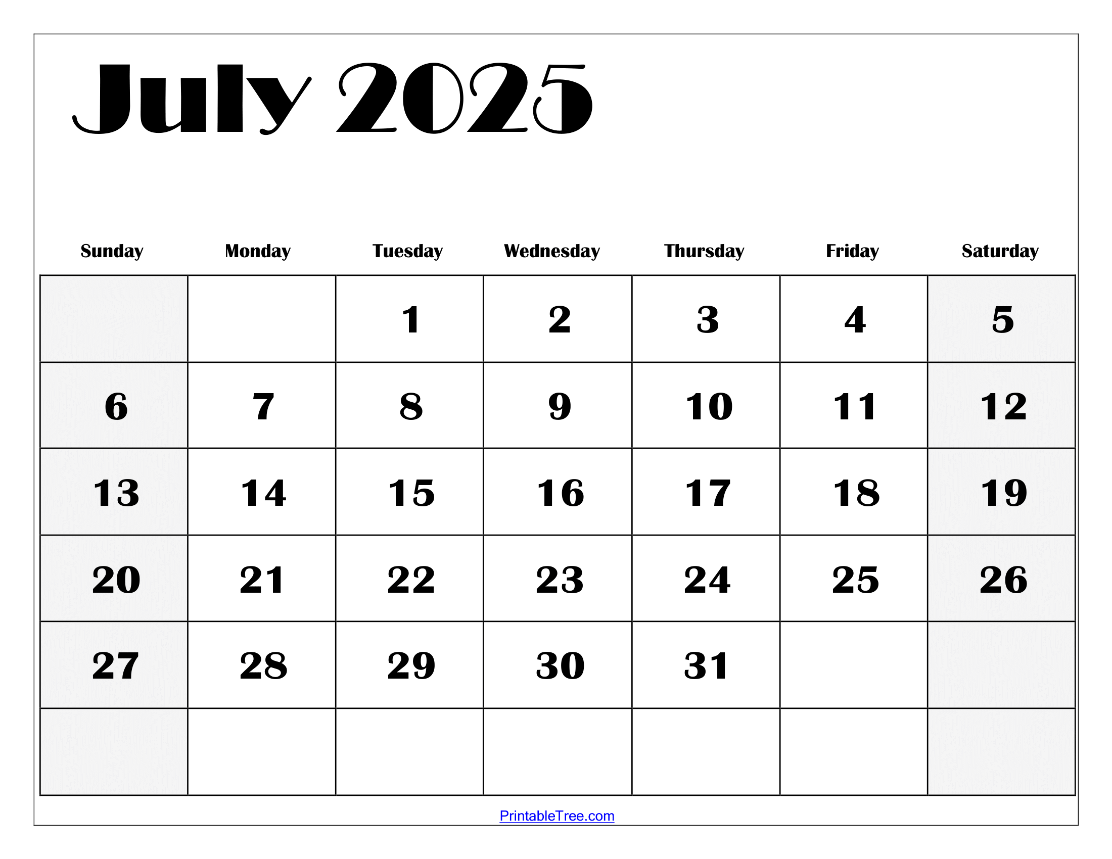 Calendar Printable July 2025