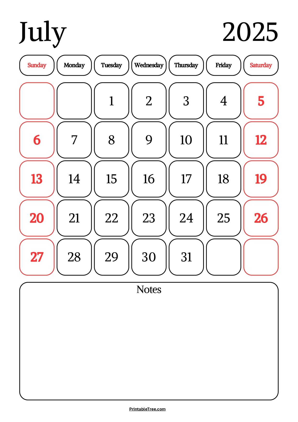 July 2025 Printable Calendar With Notes