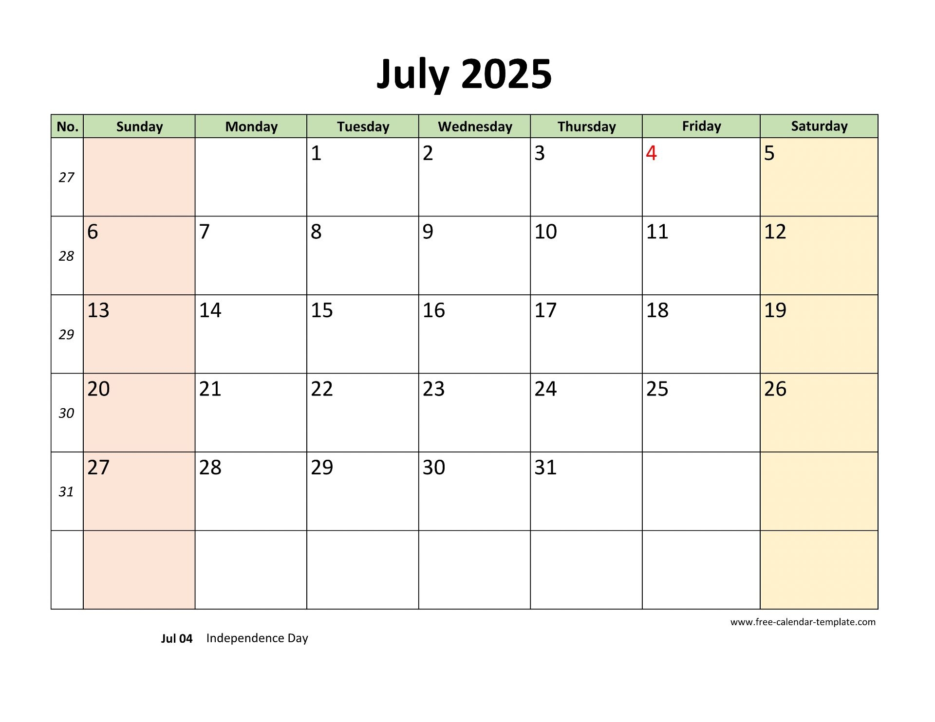 July 2025 Calendar Printable With Coloring On Weekend horizontal Free Calendar template