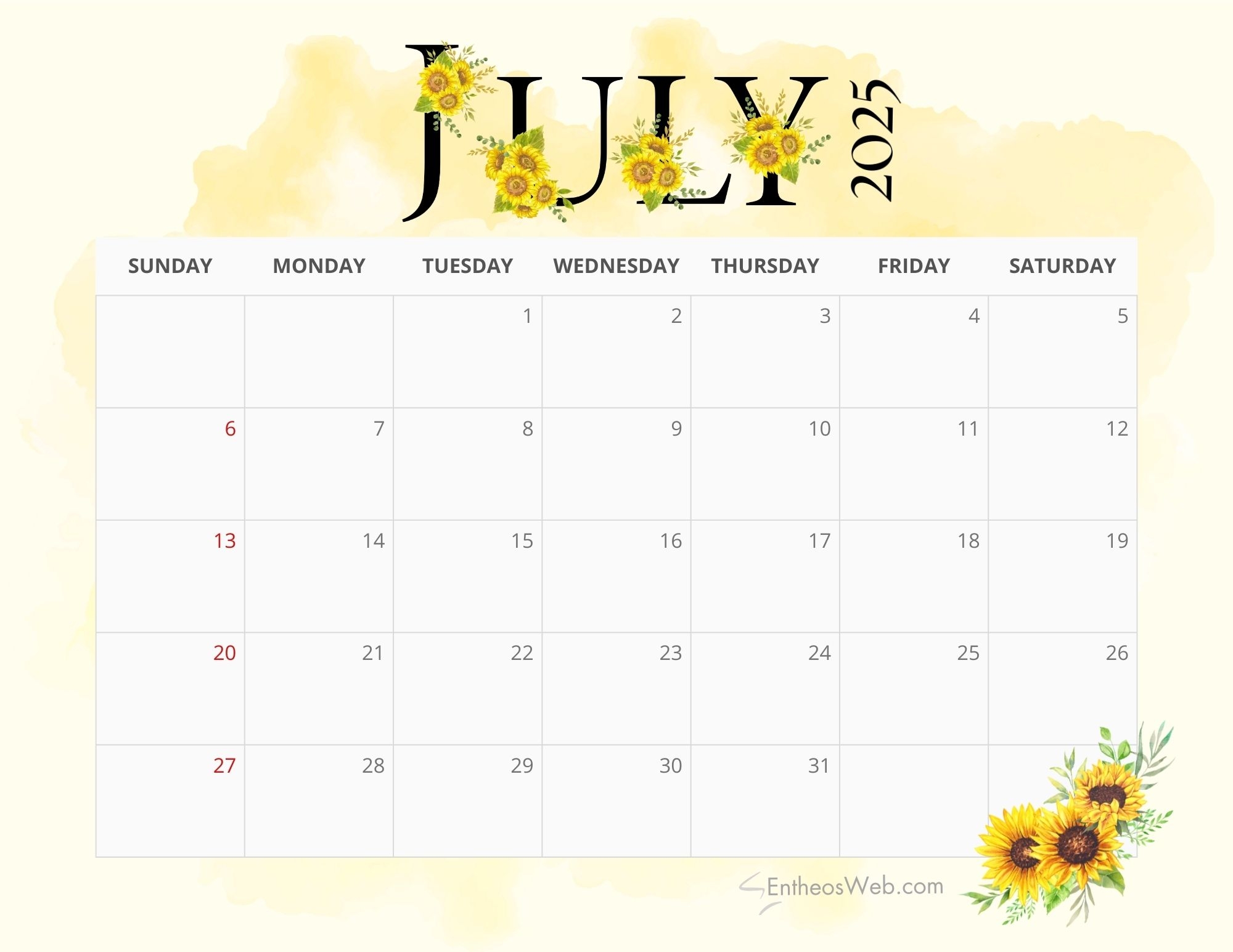 Free July 2025 Printable Calendar