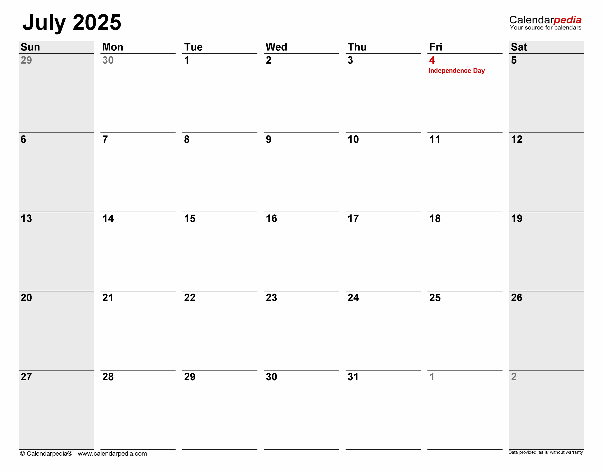 Printable Calendar July 2025 Big Spaces