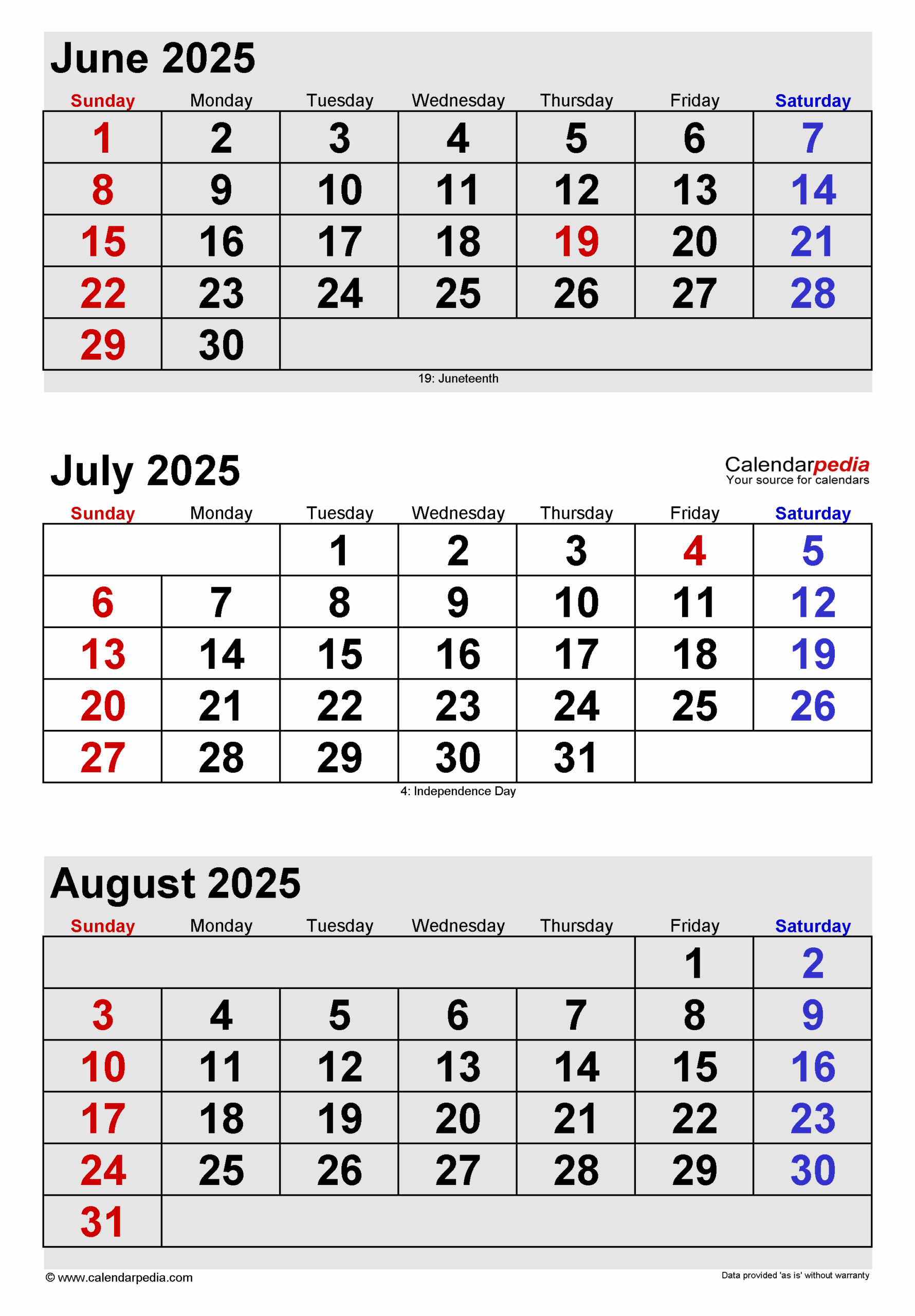 June Through August 2025 Calendar