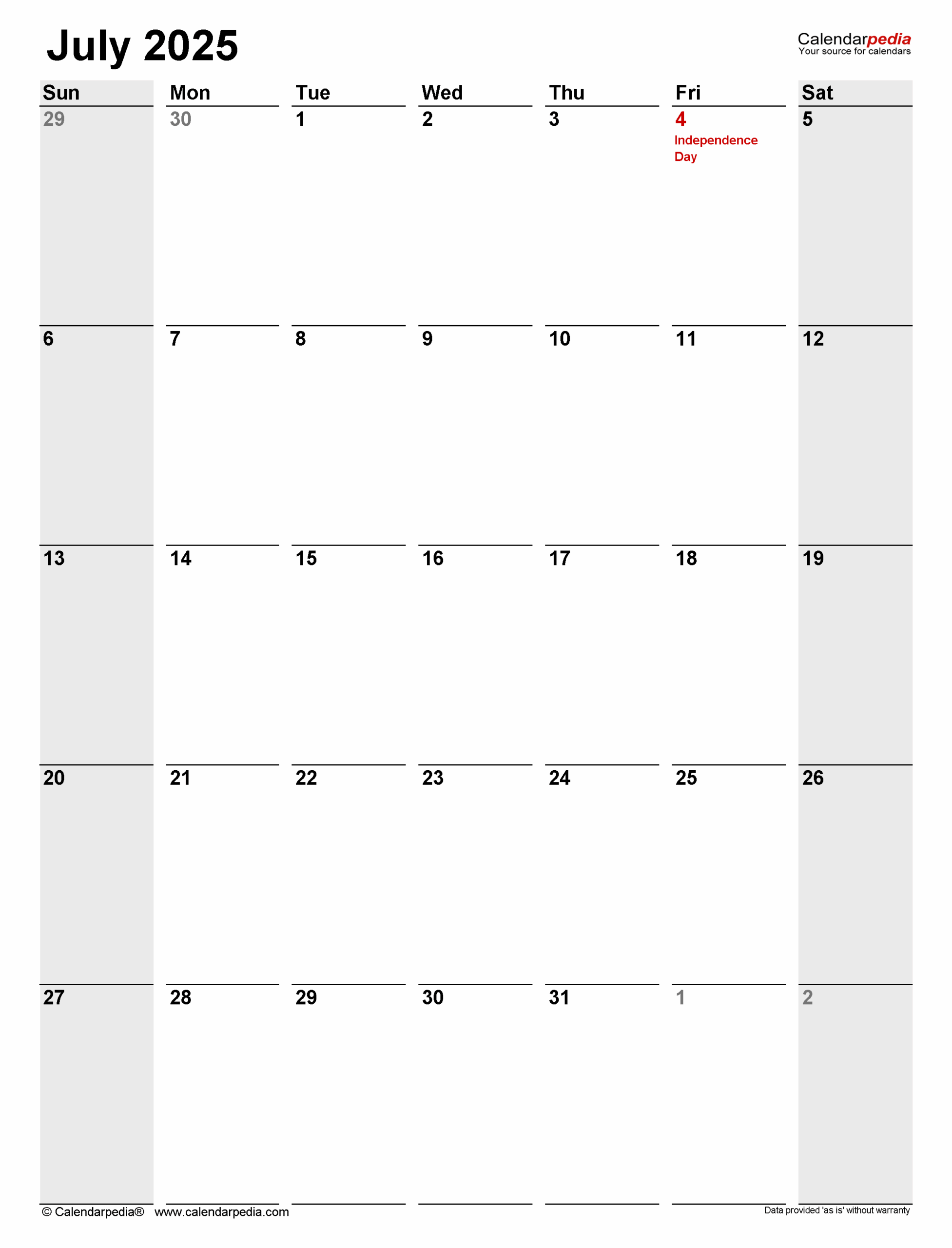 July 2025 Calendar Pedia