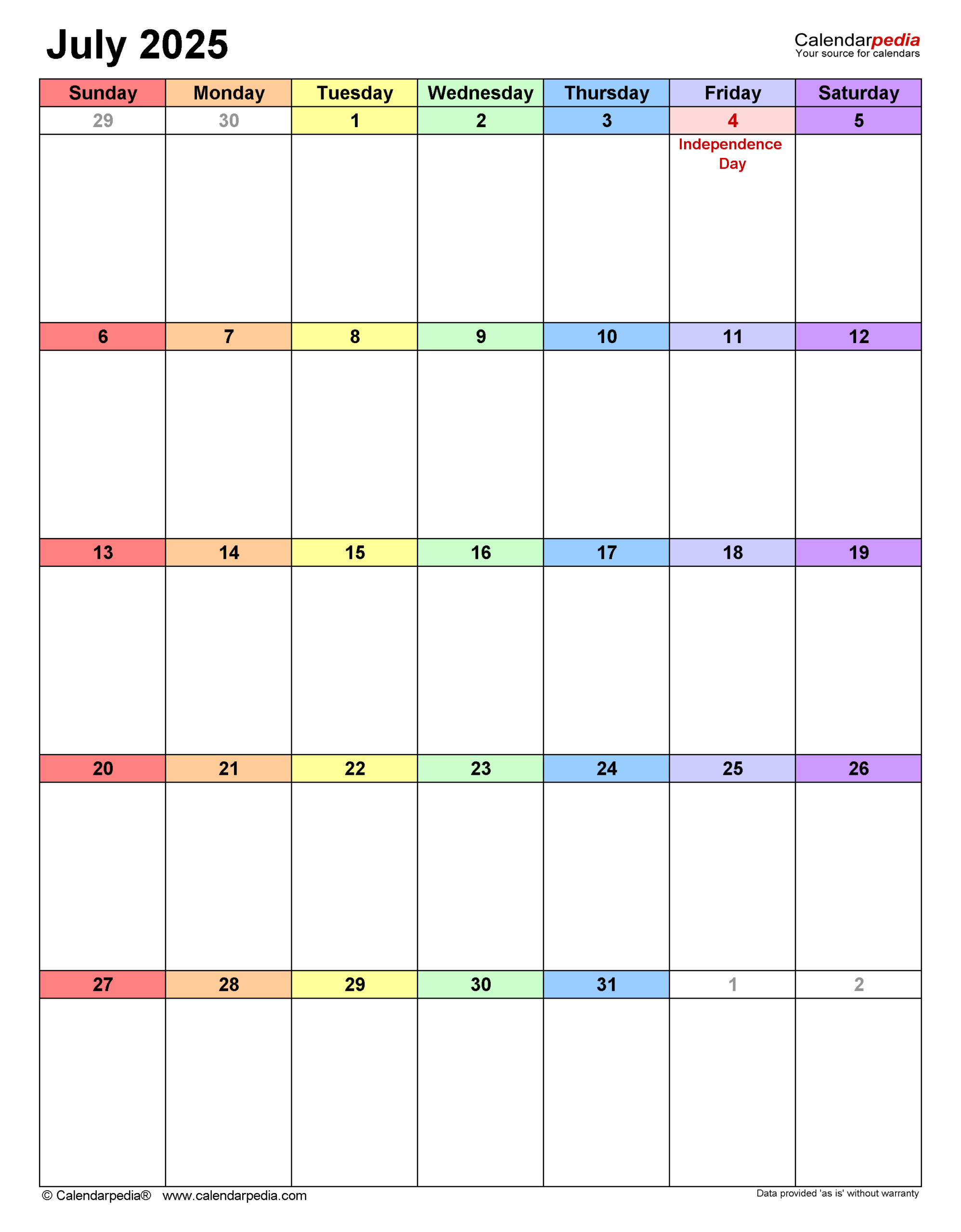 July 2025 Calendar Printable Word