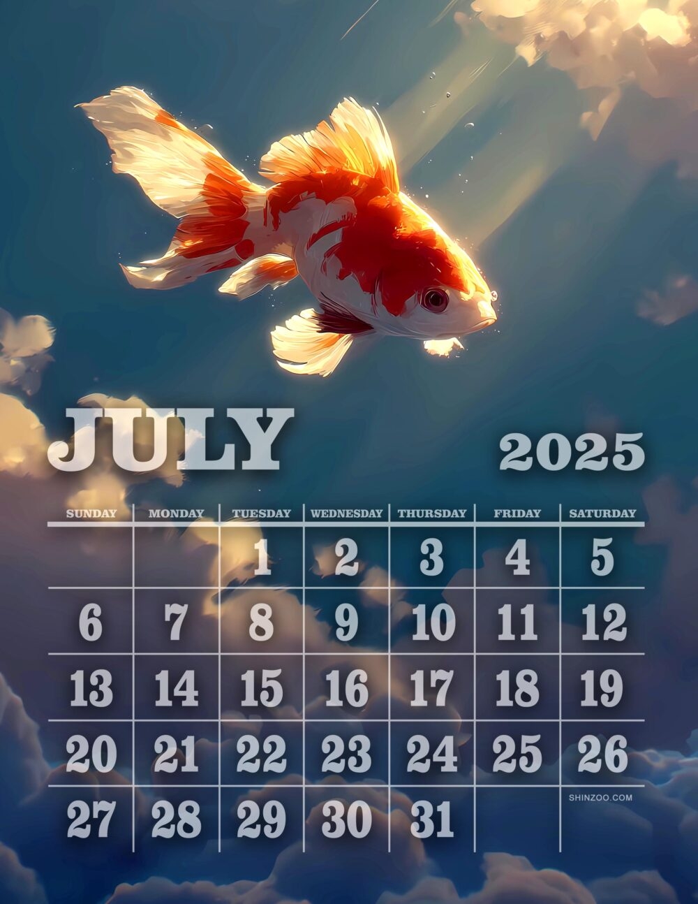 July 2025 Calendar Whimsical Animal Art Surreal Goldfish In The Sky Shinzoo