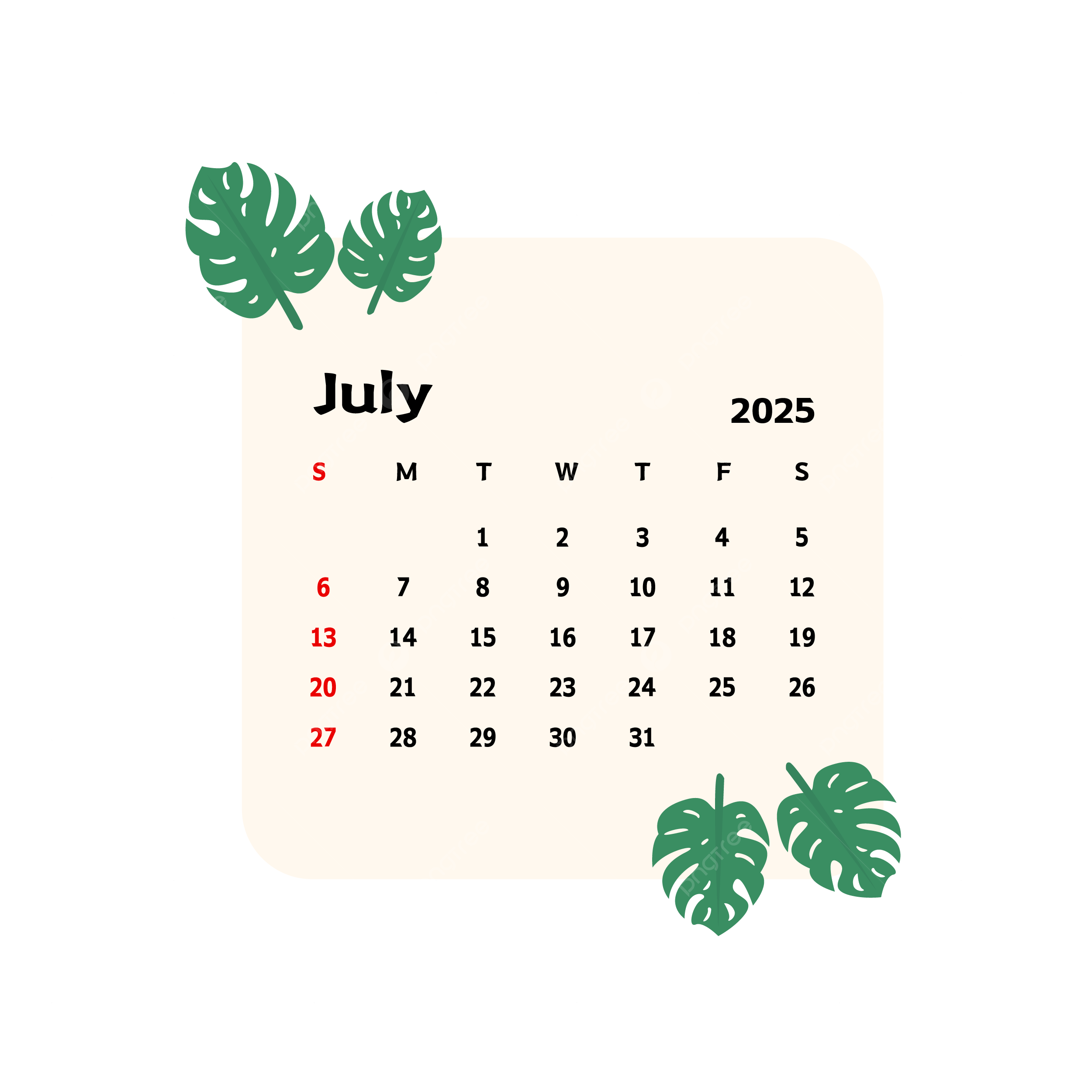 July 2025 Calendar With Cartoon Summer Leaves Flowers Vector 